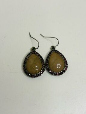 Vintage Teardrop Mocha Stone Plum Purple Rhinestone Halo Dangle Earrings Boho